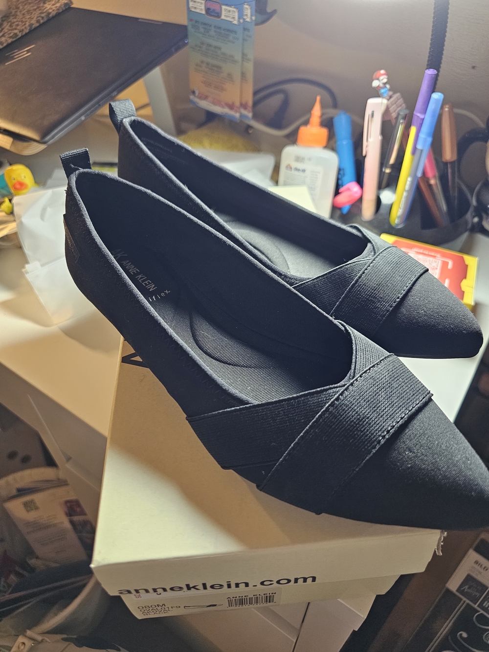 Anne Klein Black Pointed Slip-On Flats with Crossover Elastic